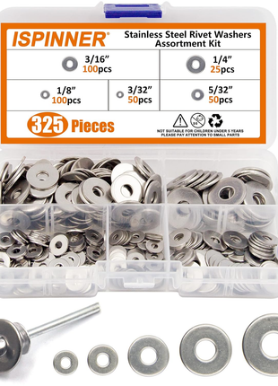 325Pcs Backup Rivet Washers Assortment Kit, Stainless Steel Washers for Blind Pop Rivets Diameter 3/32" 1/8" 5/32" 3/16" 1/4"(Silver)