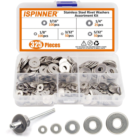325Pcs Backup Rivet Washers Assortment Kit, Stainless Steel Washers for Blind Pop Rivets Diameter 3/32" 1/8" 5/32" 3/16" 1/4"(Silver)