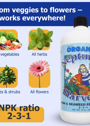 Fish & Seaweed Liquid Fertilizer (2-3-1) - 18Oz Pint - Plant Food for Garden - Indoor & Outdoor Organic Plant Fertilizer for Vegetables, Flowers, Fruit, Trees & Lawns