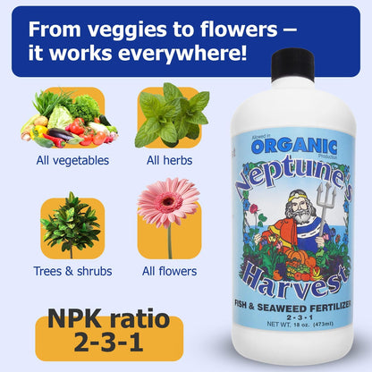Fish &amp; Seaweed Liquid Fertilizer (2-3-1) - 18Oz Pint - Plant Food for Garden - Indoor &amp; Outdoor Organic Plant Fertilizer for Vegetables, Flowers, Fruit, Trees &amp; Lawns