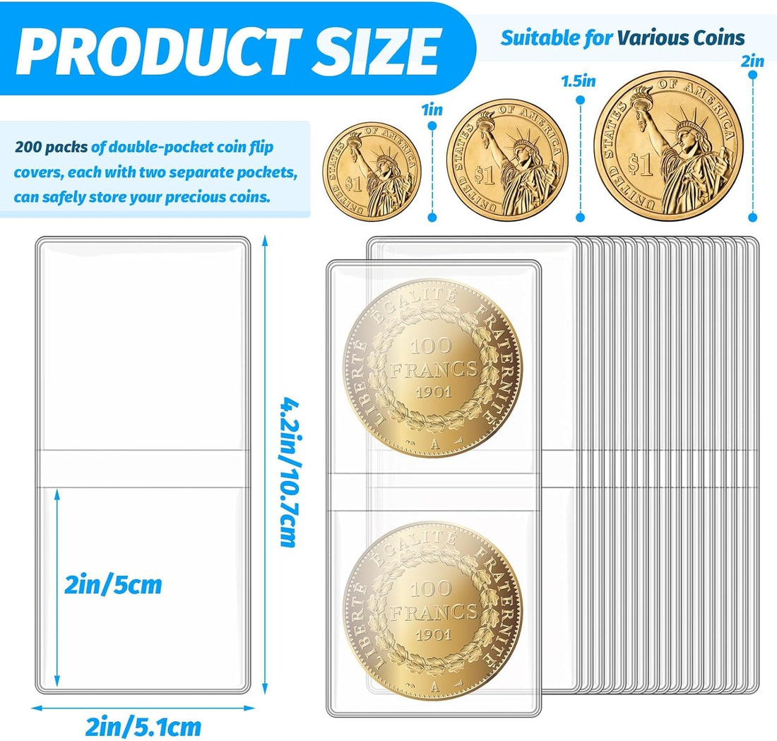 200 Pack Double Pocket Coin Flips, 2X2 Inch Clear Plastic Coin Sleeves for All Coins, Jewelry, Rings Earrings Gemstones Collection Supplies &amp; Protectors (Double Rectangular)