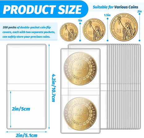 200 Pack Double Pocket Coin Flips, 2X2 Inch Clear Plastic Coin Sleeves for All Coins, Jewelry, Rings Earrings Gemstones Collection Supplies & Protectors (Double Rectangular)