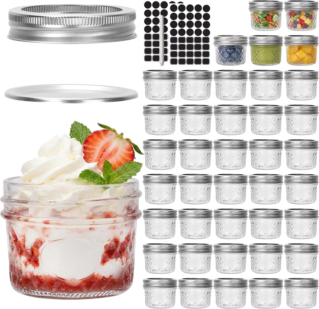 40 Pcs 4Oz Clear Glass Mini Mason Jars with Silver Separable Lids and Diamond Appearance, Small Spice Canning Jars for Honey, Jam, Jelly, Wedding Favors, Kitchen Food Storage