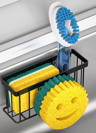 Sponge Holder Smiley Face, Sink Organizer with 2 Suction Cups/1 Adhesive Strips, Designed for Sponge, Soap, Dish Brush, Scrubber - Black