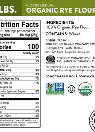 King Arthur Organic Medium Rye Flour - 3 Lbs for Complex Flavorful Breads & Baked Goods - 100% US Grown & Milled - Non-Gmo Project Verified - Robust Flavor for Rye Bread, Cookies & More