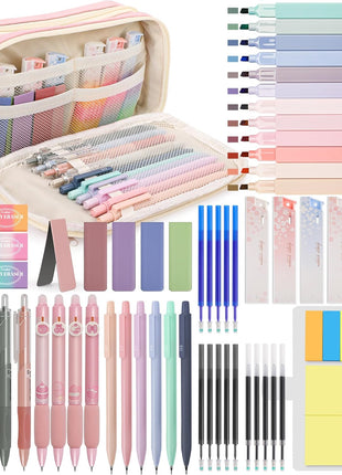 61 PCS Aesthetic School Supplies with Cute Pencil Case, Pastel No Bleed Highlighters, Gel & Erasable Pens, Mechanical Pencils, Refills, Complete Essentials Stationery Kit for Students (Pink)