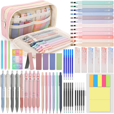 61 PCS Aesthetic School Supplies with Cute Pencil Case, Pastel No Bleed Highlighters, Gel & Erasable Pens, Mechanical Pencils, Refills, Complete Essentials Stationery Kit for Students (Pink)