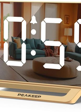 Slim Digital Mirror Aesthetic Alarm Clock for Bedrooms Desk Decor - Plug in Electric Big LED Modern Small Clock for Office Living Room, Battery Backup, 6 Dimmers (Gold)