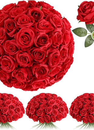 40PCS Red Roses Artificial Flowers - Long Stem Fake Roses Bouquet Silk Red Flowers Artificial Rose for Wedding Centerpiece Home Decor & Valentines Floral Arrangement