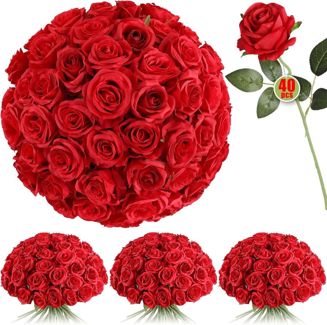40PCS Red Roses Artificial Flowers - Long Stem Fake Roses Bouquet Silk Red Flowers Artificial Rose for Wedding Centerpiece Home Decor &amp; Valentines Floral Arrangement