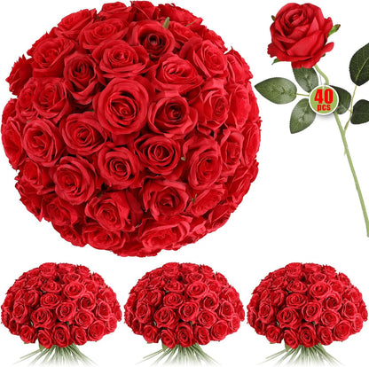 40PCS Red Roses Artificial Flowers - Long Stem Fake Roses Bouquet Silk Red Flowers Artificial Rose for Wedding Centerpiece Home Decor &amp; Valentines Floral Arrangement