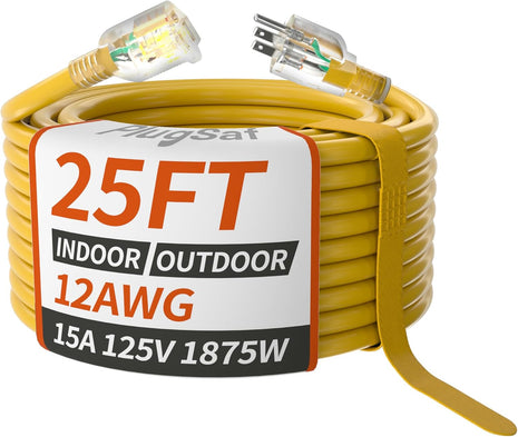25Ft 12/3 Gauge Outdoor Extension Cord Waterproof with Lighted Indicator, 12 Gauge SJTW Heavy Duty 15Amp 1875W, 3 Prong Cords Flexible Pure Copper Yellow ETL Listed