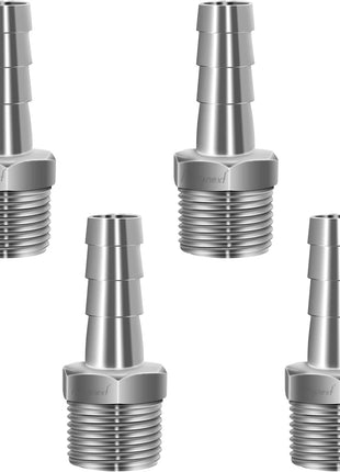 304 Stainless Steel 1/2" Barb Hose to 1/2 NPT Home Brew Pipe Barbed Nipple Fitting. Pack of 4