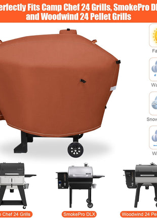 Grill Cover for Camp Chef 24 Pellet Grills, Model DLX 24, Smokepro 24, Woodwind 24 Pro Pellet Grills, PG24, PG24LS, PG24S, PG24SE, PG24LTD, PG24XT, SG24, Smokepro DLX, Anti-Uv 600D, Brown