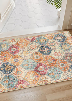 Moroccan Trellis Washable Rug, 2X3 Kitchen Rugs for Entryway Bathroom, Non-Slip Indoor Door Mat Ultra-Thin, Small Oriental Throw Carpet for Bedroom Entry Elise, Cream/Multi