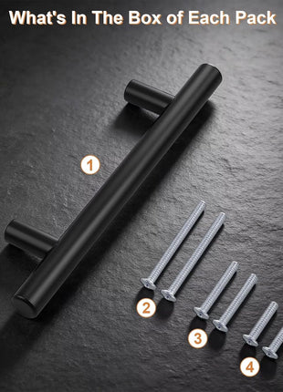 30 Pack Hole Centers 3-3/4Inch Matte Black Kitchen Cabinet Handles, Stainless Steel Dresser Drawer Pulls, Modern T Bar 6Inch Length Pull Handle for Closet