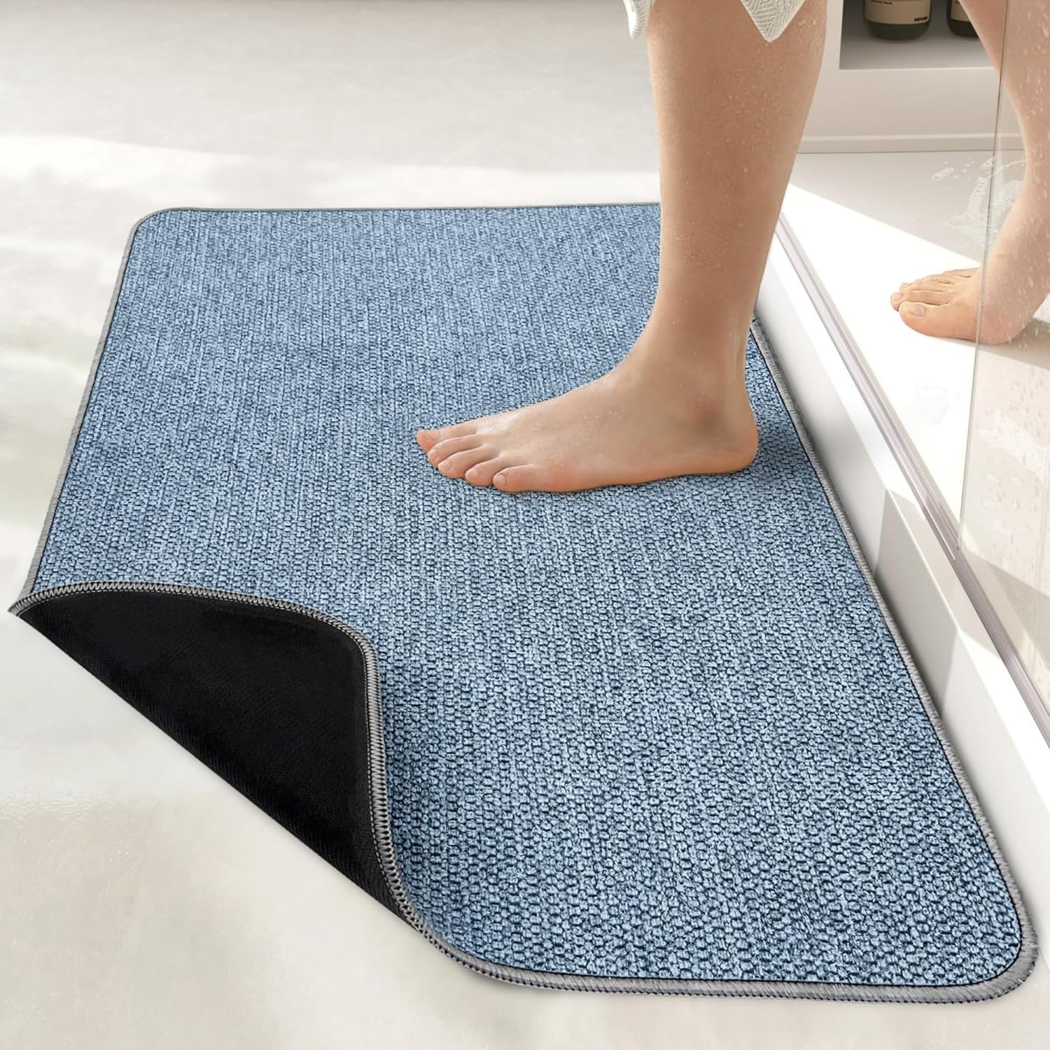Bath Mat,Ultra Thin Bathroom Rugs,Rubber Bath Mats for Bathroom,No Slip Bath Rugs,Quick Dry,Machine Washable,Low Pile,Absorbent,Shower Outside,Sink,Home Decor Accessories.Blue,1&