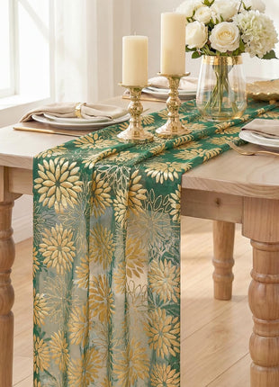 Green Gold Dahlia Flower Gauze Table Runner 120 Inch 10FT, Glitter Metallic Foil Seasonal Sheer Dining Holiday Table Decor for Home Party