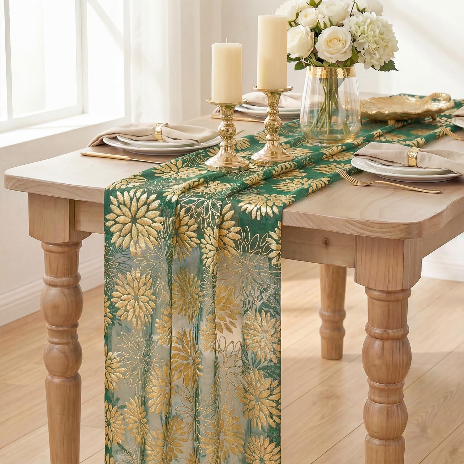 Green Gold Dahlia Flower Gauze Table Runner 120 Inch 10FT, Glitter Metallic Foil Seasonal Sheer Dining Holiday Table Decor for Home Party