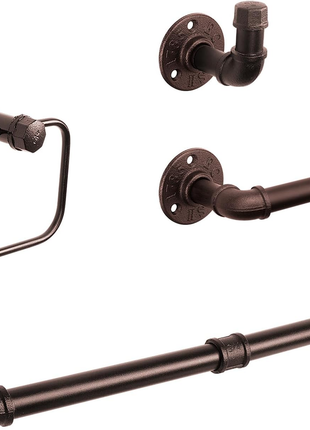 4 Pieces Industrial Pipe Bathroom Hardware Set, Include 18 Inch Towel Bar, Towel Ring, Toilet Paper Holder and Robe Hook, Heavy Duty Rustic Iron Decor Wall Mounted Accessories Kit (Bronze)