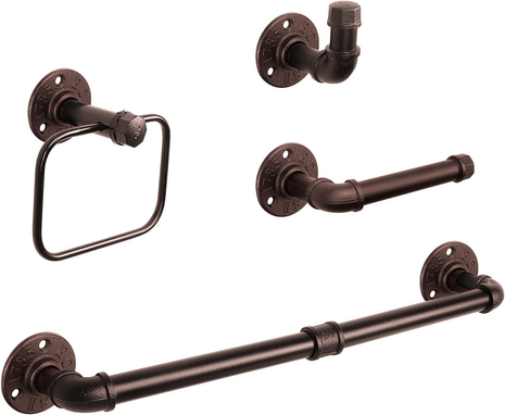4 Pieces Industrial Pipe Bathroom Hardware Set, Include 18 Inch Towel Bar, Towel Ring, Toilet Paper Holder and Robe Hook, Heavy Duty Rustic Iron Decor Wall Mounted Accessories Kit (Bronze)