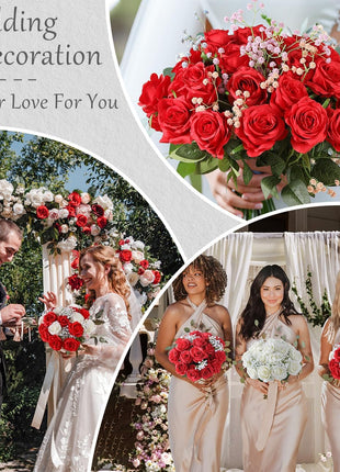 40PCS Red Roses Artificial Flowers - Long Stem Fake Roses Bouquet Silk Red Flowers Artificial Rose for Wedding Centerpiece Home Decor & Valentines Floral Arrangement