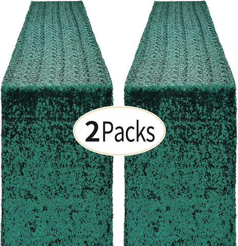 2 Packs 12 X 72 Inches Hunter Green Sequin Table Runner, Glitter Runner for Birthday Party Supplies Decorations Wedding Bachelorette Holiday Celebration Bridal Shower Baby Shower