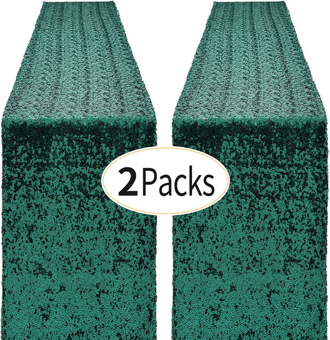 2 Packs 12 X 72 Inches Hunter Green Sequin Table Runner, Glitter Runner for Birthday Party Supplies Decorations Wedding Bachelorette Holiday Celebration Bridal Shower Baby Shower