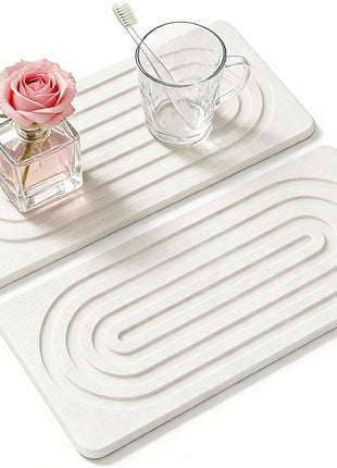 2 PCS Water Absorbing Diatomite Coasters, Stone Drying Mat for Kitchen Counter, Quick Dry Stone Mat Trays for Bathroom Kitchen Counter, Soap Dish Tray Used for Hand Soaps (White, 8.3" X 4")
