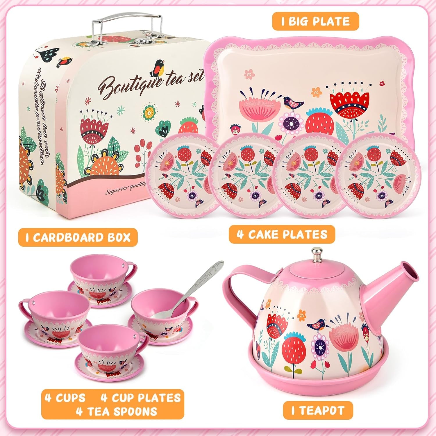 Tea Party Set for Little Girls, Flower Tea Sets Toys for Toddlers Girls Age 3 4 5 6 Year Old, Toddler Kids Kitchen Pretend Play Toys