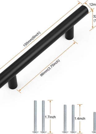 30 Pack Hole Centers 3-3/4Inch Matte Black Kitchen Cabinet Handles, Stainless Steel Dresser Drawer Pulls, Modern T Bar 6Inch Length Pull Handle for Closet