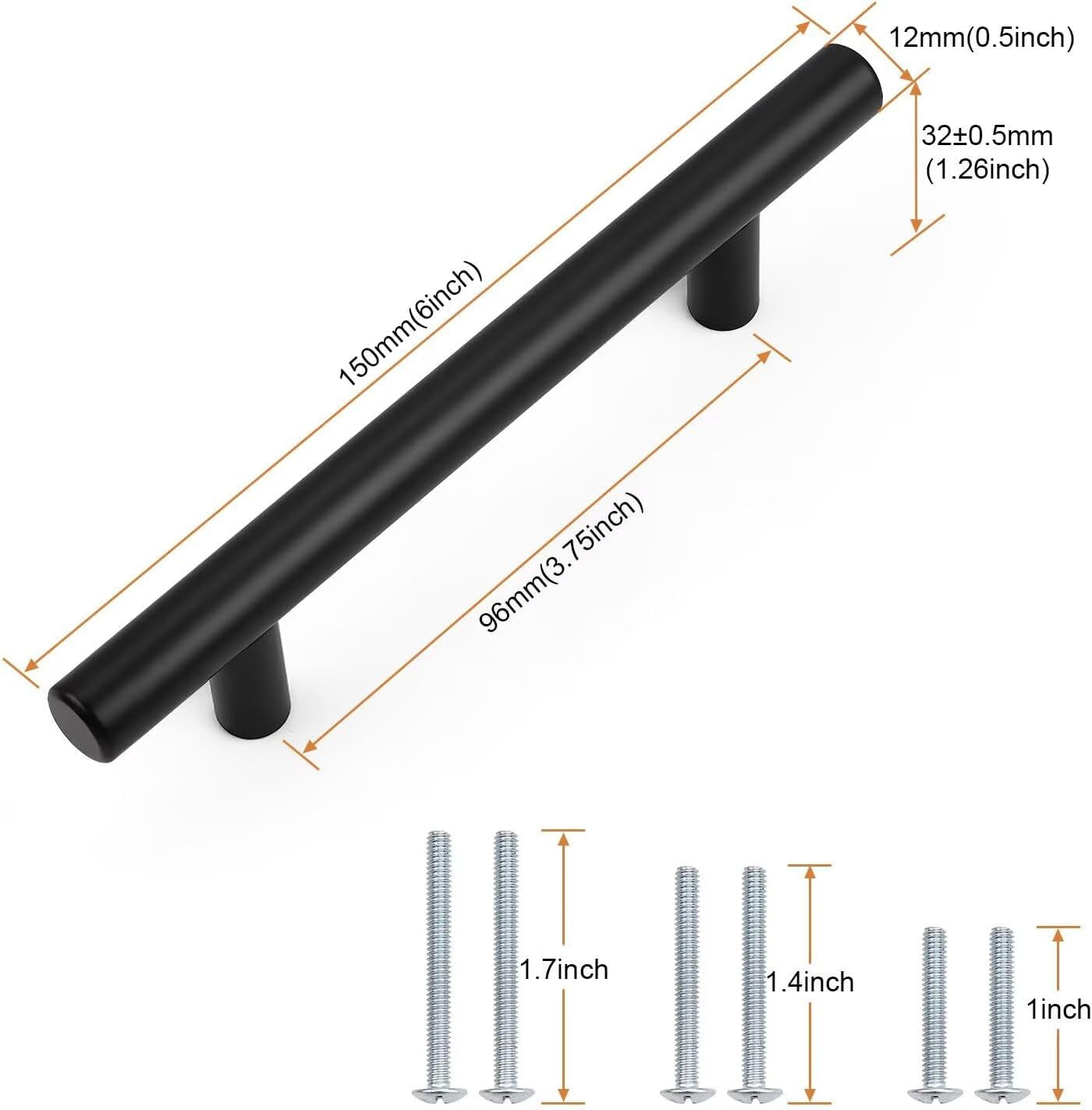 30 Pack Hole Centers 3-3/4Inch Matte Black Kitchen Cabinet Handles, Stainless Steel Dresser Drawer Pulls, Modern T Bar 6Inch Length Pull Handle for Closet