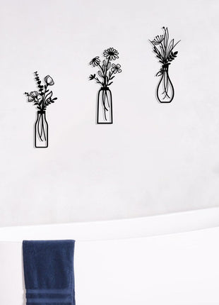 3 Pieces Metal Flowers Wall Arts - Rustic Farmhouse Decor Black Minimalist Flower Wall Decors for Living Room Bathroom Bedroom Dining Room - Housewarming Gifts(Black, Vase-C)
