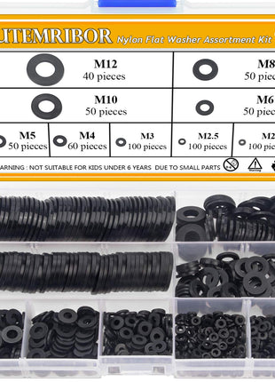 Nylon Flat Washer Assortment Set 600 Pieces, 9 Sizes - M2 M2.5 M3 M4 M5 M6 M8 M10 M12, Black