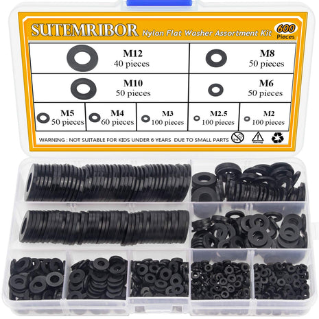Nylon Flat Washer Assortment Set 600 Pieces, 9 Sizes - M2 M2.5 M3 M4 M5 M6 M8 M10 M12, Black