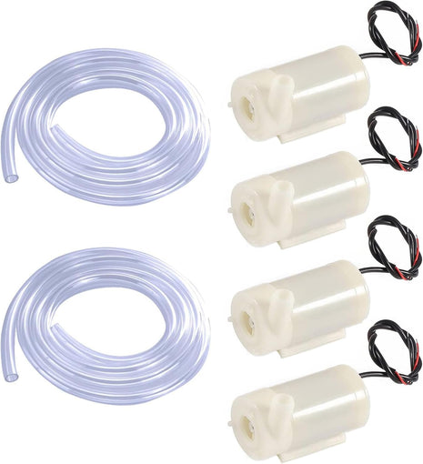 4Pcs DC 3-5V Micro Submersible Mini Water Pump with 2Pcs Clear Vinyl Tubing Flexible PVC Tubing(1M) for Aquariums Fish Tank Pond Fountain Hydroponics Garden (4Pcs White Pump+2 Tube)