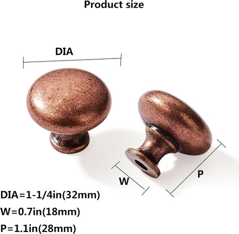 10 Pack 1-1/4" Vintage Antique Copper Zinc Alloy Cabinet Knobs - Single Hole Center Kitchen Cabinet Pull Hardware for Bedroom.