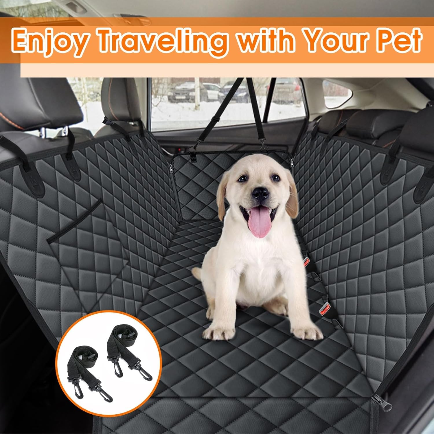 Waterproof Dog Car Seat Cover for Back Seat - Durable, Scratch Proof Pet Hammock with Nonslip Design &amp; Storage Pockets, Fits Cars, Suvs, Trucks- S, Black