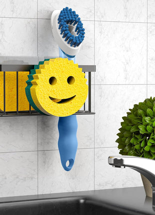 Sponge Holder Smiley Face, Sink Organizer with 2 Suction Cups/1 Adhesive Strips, Designed for Sponge, Soap, Dish Brush, Scrubber - Black
