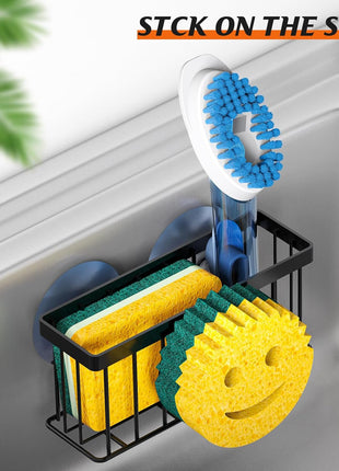 Sponge Holder Smiley Face, Sink Organizer with 2 Suction Cups/1 Adhesive Strips, Designed for Sponge, Soap, Dish Brush, Scrubber - Black