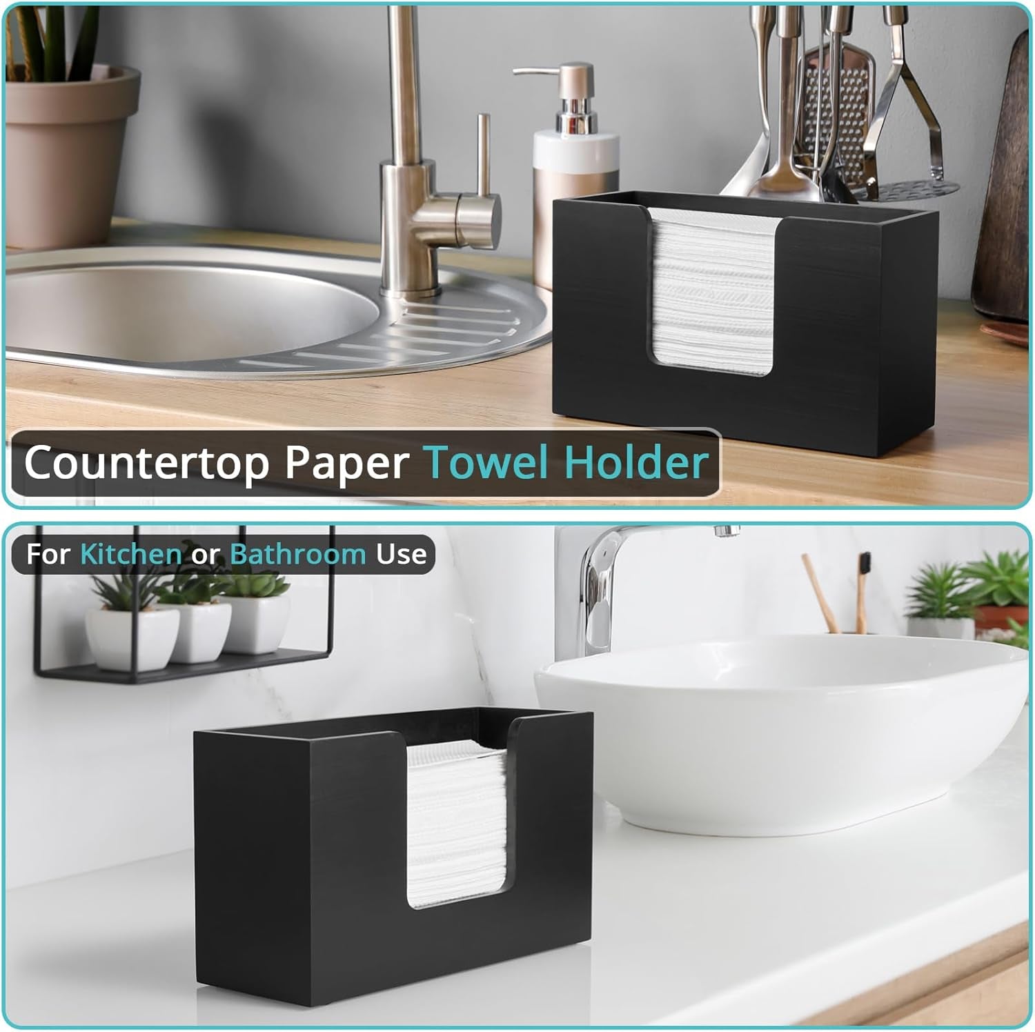 Wooden Paper Towel Dispenser Countertop, Bathroom Guest Towel Holder for Multifold C-Fold Z-Fold Trifold Hand Towels, Black Wood Napkin Holder for Kitchen, Vanity, Powder Room