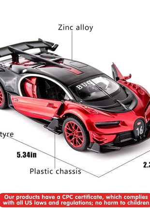 Bugatti Vision GT Supercar 1/32 Zinc Alloy Die Casting Pull Back Car Model Toy Sound and Light for Boy Girl Gift （Red）