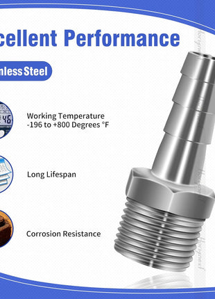 304 Stainless Steel 1/2" Barb Hose to 1/2 NPT Home Brew Pipe Barbed Nipple Fitting. Pack of 4