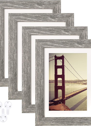 5X7 Picture Frame Rustic Grey Wood Pattern Set of 4,Display Photos 4X6 with Mat or 5X7 without Mat, Horizontal and Vertical Formats for Wall and Table Mounting