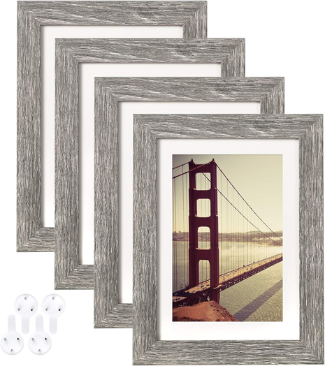 5X7 Picture Frame Rustic Grey Wood Pattern Set of 4,Display Photos 4X6 with Mat or 5X7 without Mat, Horizontal and Vertical Formats for Wall and Table Mounting