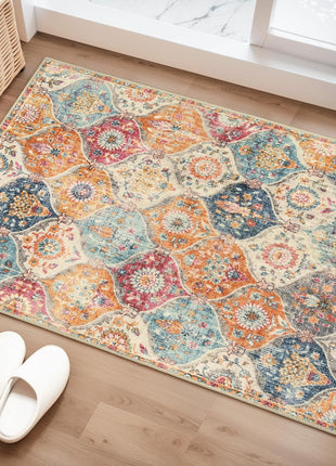 Moroccan Trellis Washable Rug, 2X3 Kitchen Rugs for Entryway Bathroom, Non-Slip Indoor Door Mat Ultra-Thin, Small Oriental Throw Carpet for Bedroom Entry Elise, Cream/Multi