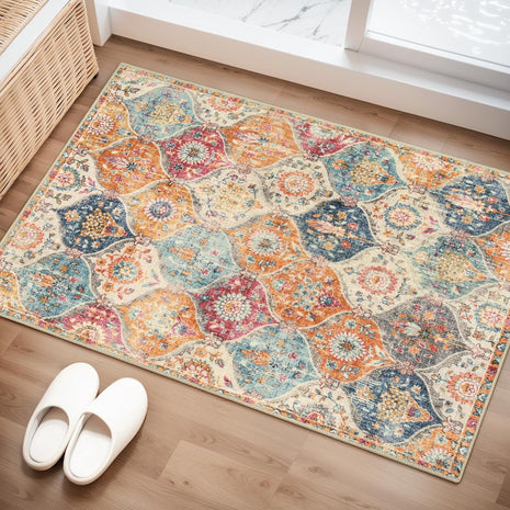 Moroccan Trellis Washable Rug, 2X3 Kitchen Rugs for Entryway Bathroom, Non-Slip Indoor Door Mat Ultra-Thin, Small Oriental Throw Carpet for Bedroom Entry Elise, Cream/Multi