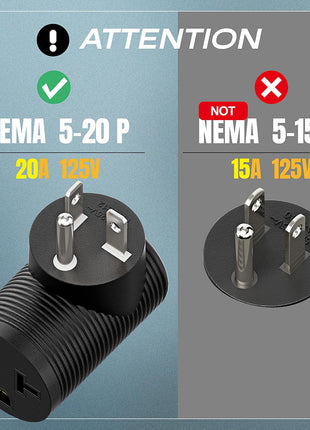 Angled 4 in 1 NEMA 5-20P Power Adapter,  NEMA 5-20P to 5-15R, 5-20R, 6-15R, 6-20R Double T-Blade Receptacle, Downward Angled Power Adapter