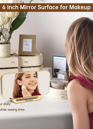 Slim Digital Mirror Aesthetic Alarm Clock for Bedrooms Desk Decor - Plug in Electric Big LED Modern Small Clock for Office Living Room, Battery Backup, 6 Dimmers (Gold)