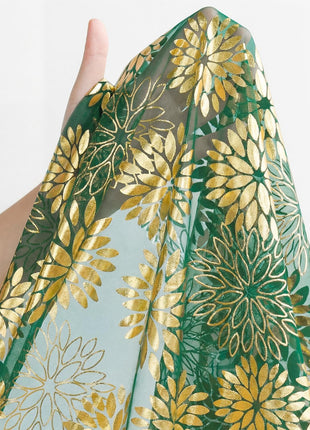 Green Gold Dahlia Flower Gauze Table Runner 120 Inch 10FT, Glitter Metallic Foil Seasonal Sheer Dining Holiday Table Decor for Home Party